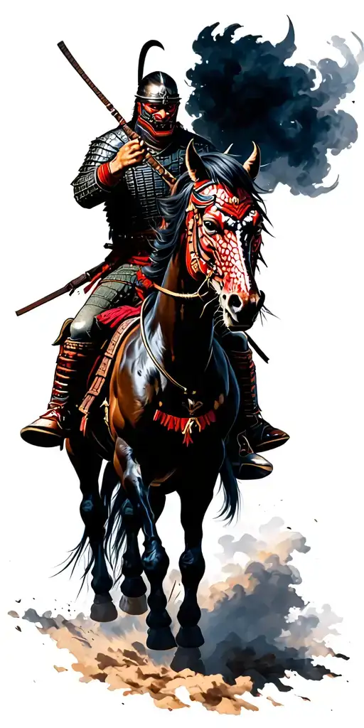 samurai warrior with demon mask riding horse tattoo design idea