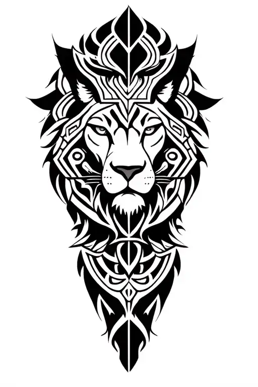 A full leg tattoo design from ankle to knee with geometric and Maori designs with a lion's head between them on the back tattoo design idea