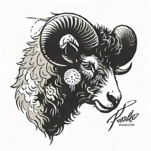 a black sheep head side profile with trash polka elements incorporated  tattoo design idea