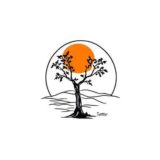 willow tree and sun, simple landscape tattoo design idea