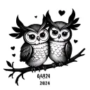 two cute owls in love and the date 04/09/2024 in Roman numbers  tattoo design idea