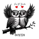 two cute owls in love and the date 04/09/2024 in Roman numbers  tattoo design idea