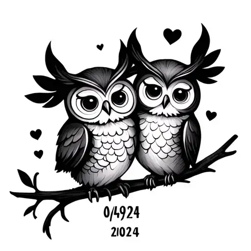 two cute owls in love and the date 04/09/2024 in Roman numbers  tattoo design idea