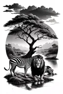 savanna tree with river and a zebra and a lion tattoo design idea