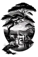 savanna tree with river and a zebra and a lion tattoo design idea
