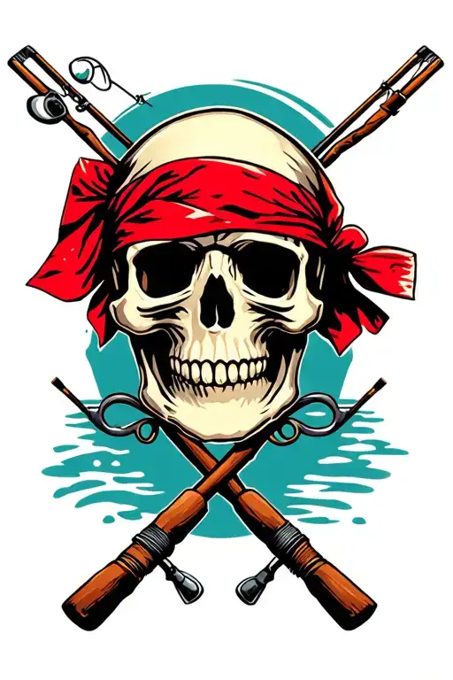 skull with red bandana with fishing poles crossed tattoo design idea