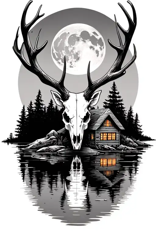 moonlight Forest over a pond and cabin. deer skull tattoo design idea