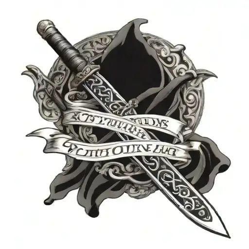 fortis fortuna adjuvant written on a silk band wrapping around a Damascus katana tattoo design idea