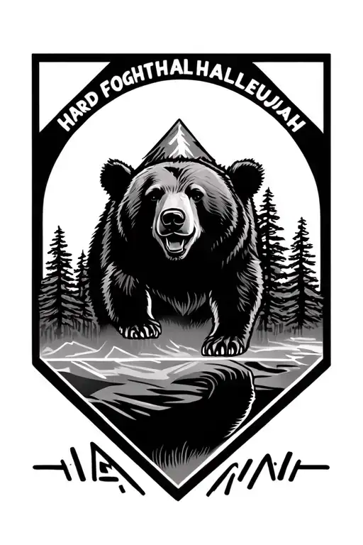 smoky mountain with black bear geometric border pine tree coming out of border on one side. with HARD FOUGHT HALLELUJAH tattoo design idea