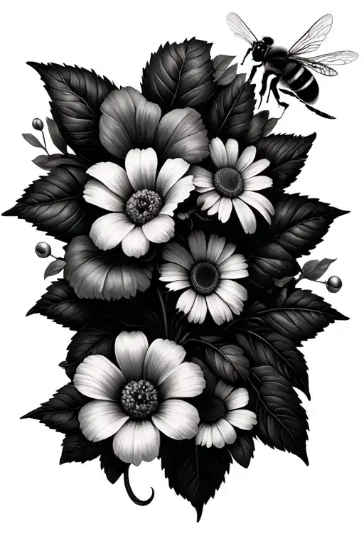 Create a tattoo with daisy and sweet pee flowers and morning glory and include drum sticks and a bee In black and white  tattoo design idea
