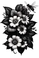 Create a tattoo with daisy and sweet pee flowers and morning glory and include drum sticks and a bee In black and white  tattoo design idea
