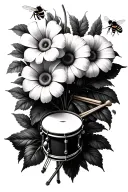 Create a tattoo with daisy and sweet pee flowers and morning glory and include drum sticks and a bee In black and white  tattoo design idea