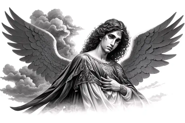 “Black and grey sleeve, dark realism. ‘Even storms fade’ quote. Guardian angel, storm clouds, light rays. Chicano, spiri tattoo design idea