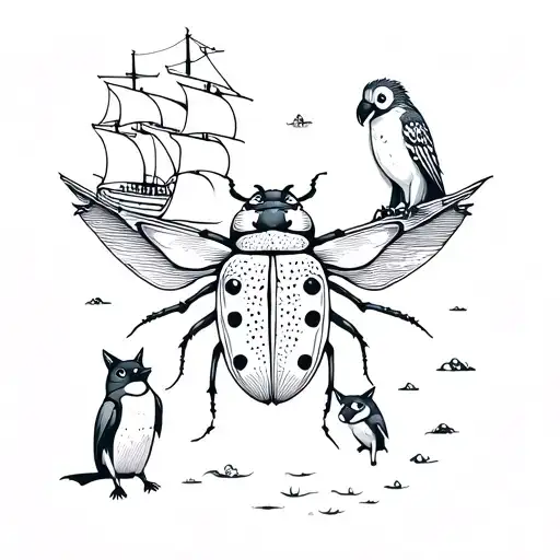 Lady beetles in the center surrounded by penguin, parrot divers, owl fox and ship. flowing transitions tattoo design idea