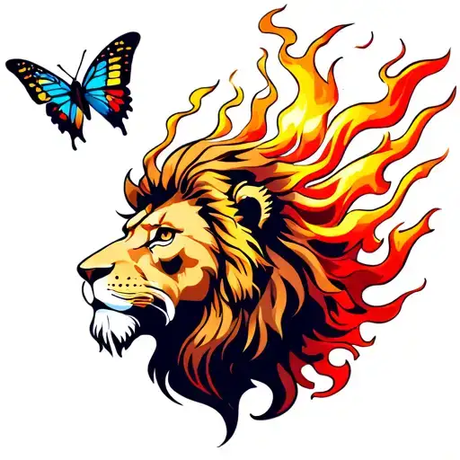 lion with fire hair, and  butterfly flying from it  tattoo design idea