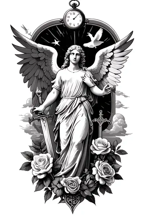 powerful angel with sword, doves, clouds, rays of run, English roses, Roman numb for 30/11/2023 and a small pocket watch tattoo design idea