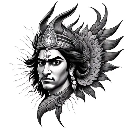 make a fusion of Trishul and Hanumanji Gada chakra shank tattoo design idea