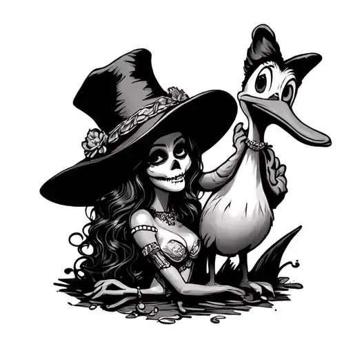 Mandrake-style forearm tattoo design: Mexican Catrina controlling Daffy Duck as a puppet, heavy graffiti/pixação letters tattoo design idea