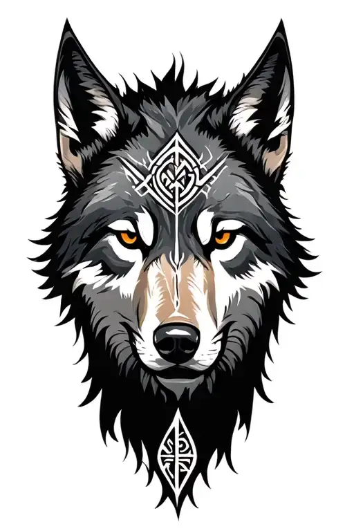norse wolfs head and runes engraved tattoo design idea