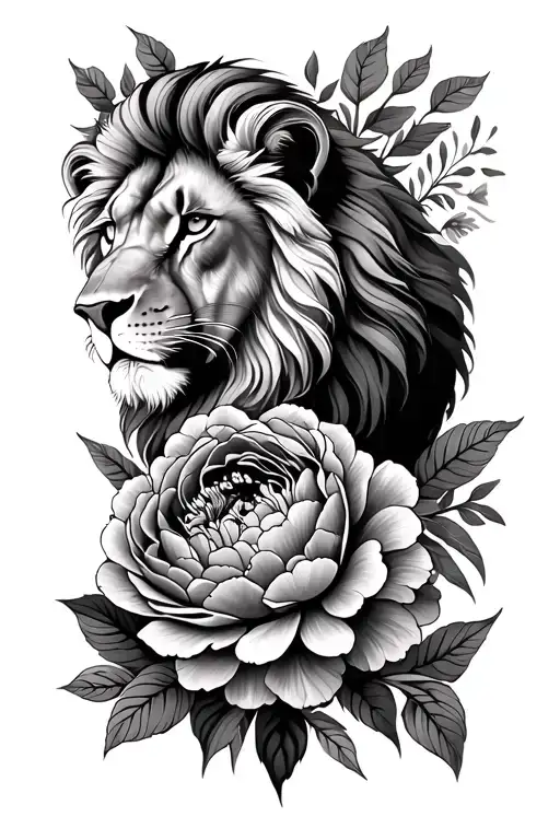 Lion & lioness king & queen floral peonies tattoo design idea