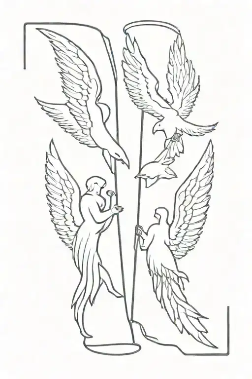 minimalist tattoo: cylindrical mythical item between a flying angels from heaven and fallen angel from hell tattoo design idea