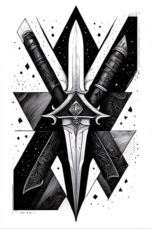 Detailed longsword within simple geometric shapes, within triangles, multiple triangles, long lines, shaded tattoo design idea