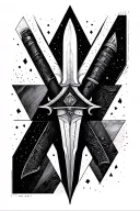 Detailed longsword within simple geometric shapes, within triangles, multiple triangles, long lines, shaded tattoo design idea
