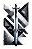 Detailed longsword within simple geometric shapes, within triangles, multiple triangles, long lines, shaded tattoo design idea