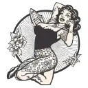 black pin up girl lifting up her shirt standing tattoo design idea