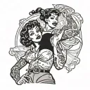 black pin up girl lifting up her shirt standing tattoo design idea