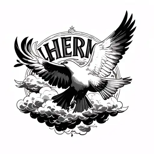 The words "LLHERM" with full clouds around and a dove flying tattoo design idea