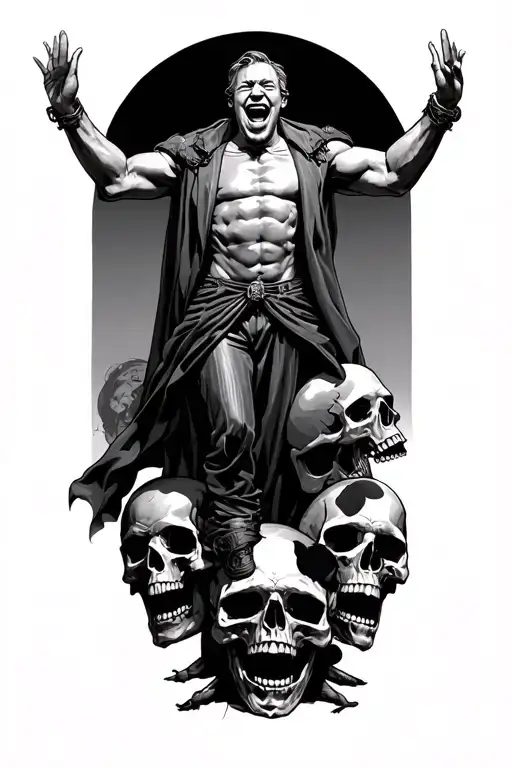 rich man standing on skulls laughing with hands raised tattoo design idea