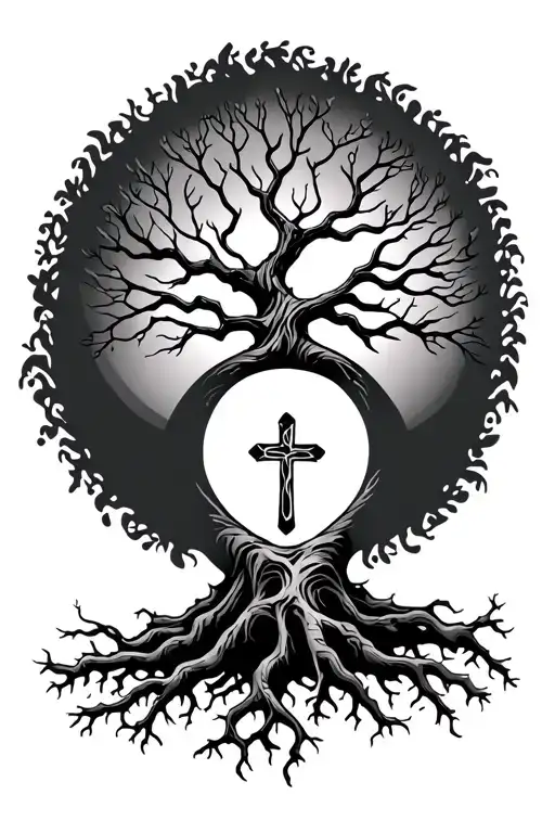 rooted in christ tree and roots and cross in tree tattoo design idea