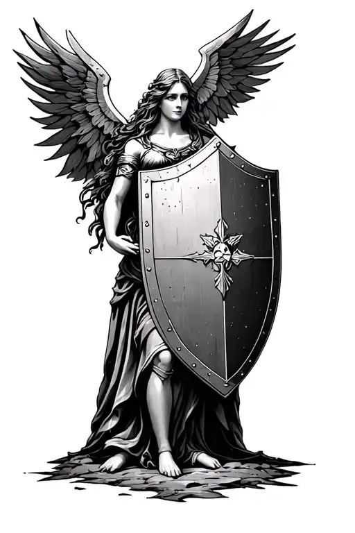 god's shield of faith - rectangle shield maiden tattoo design idea