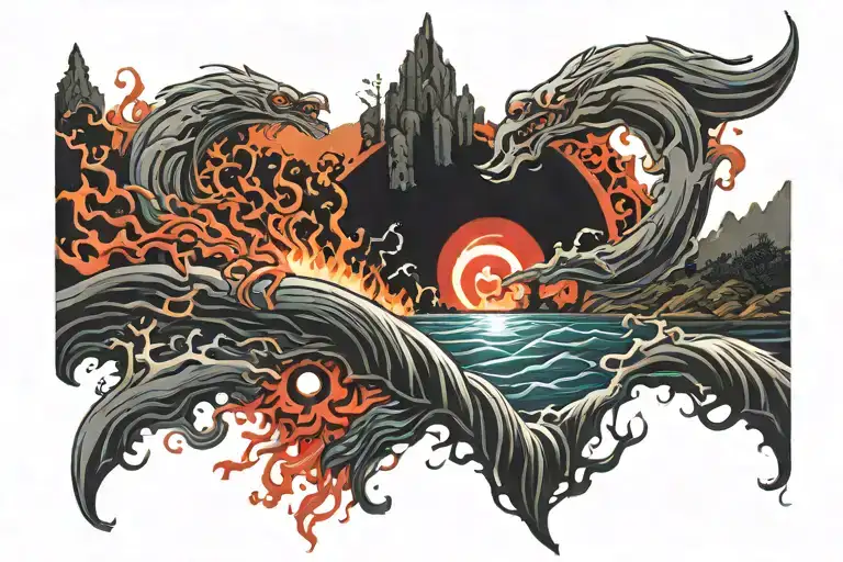 river covered in amaterasu flames on the night of the Sharingan moon tattoo design idea