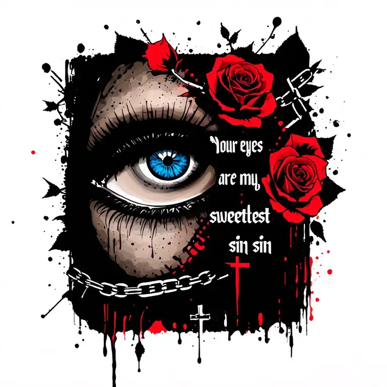 "Your eyes are my sweetest sin" doom, blue-lazing eye, cross, sin, roses, chains, wind rose. tattoo design idea
