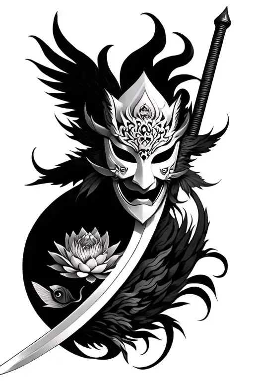 japanese mask, sword, koy fish, lotus, Phoenix tattoo design idea