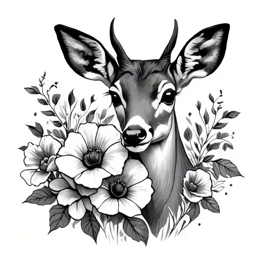 a doe's head with her fawn, cosmos flowers, rose, morning glory, poppy tattoo design idea