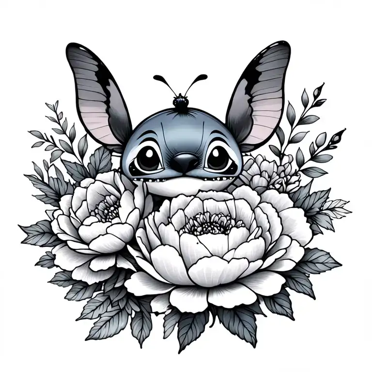little stitch and peonies and butterfly tattoo design idea