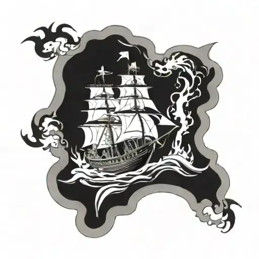 burning ship tattoo design idea