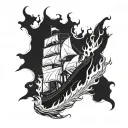 burning ship tattoo design idea