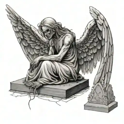 angel of death sitting on a tombstone tattoo design idea