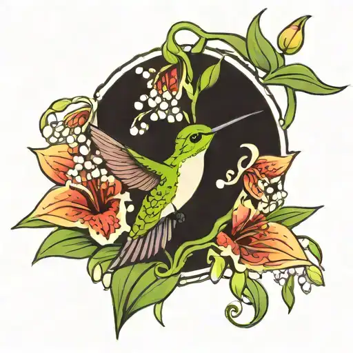 lily of the valley flowers and hummingbird hovering tattoo design idea