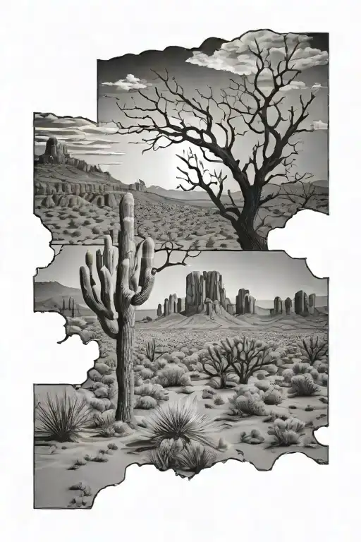 Arizona desert scene realism blackwork tattoo tattoo design idea