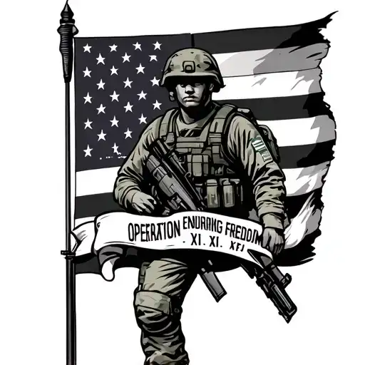 large American flag background with army soldier with banner that says Operation Enduring Freedom III & XI-XII tattoo design idea