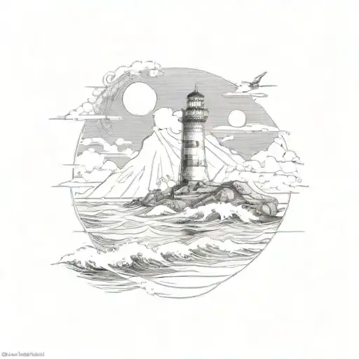 wave, plane, lighthouse, sea, mountain, one sun tattoo design idea