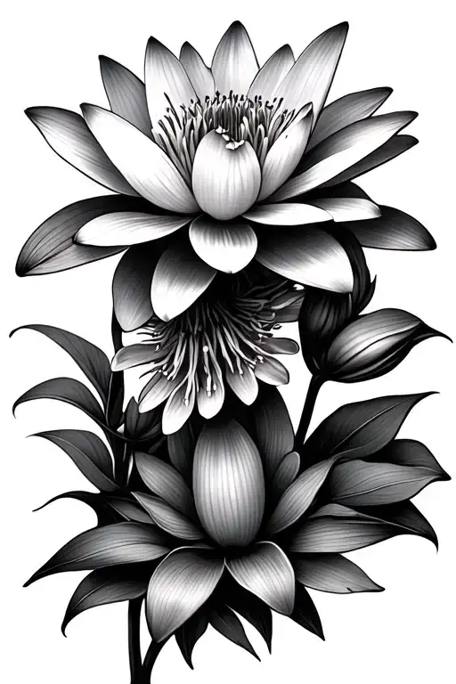 waterlily and larkspur flowers with a lot of background Smokey shading  tattoo design idea