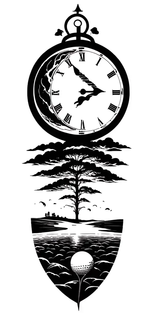 lightining storm and moon and clock and nature and golf course tattoo design idea