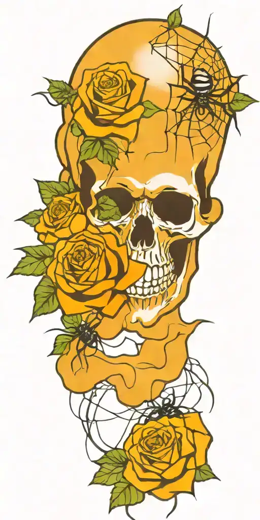 skull, roses, spider and web tattoo design idea
