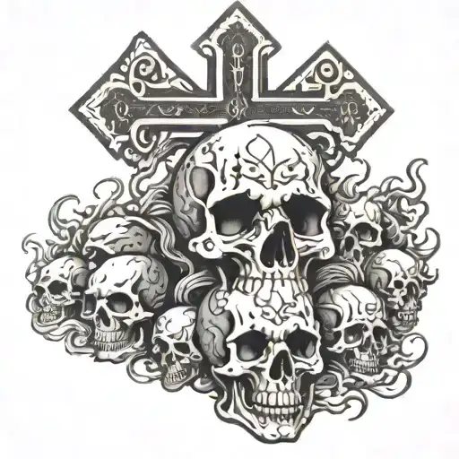 A Christian cross stands on a pile of skulls. The background are flames and 2 eys  tattoo design idea